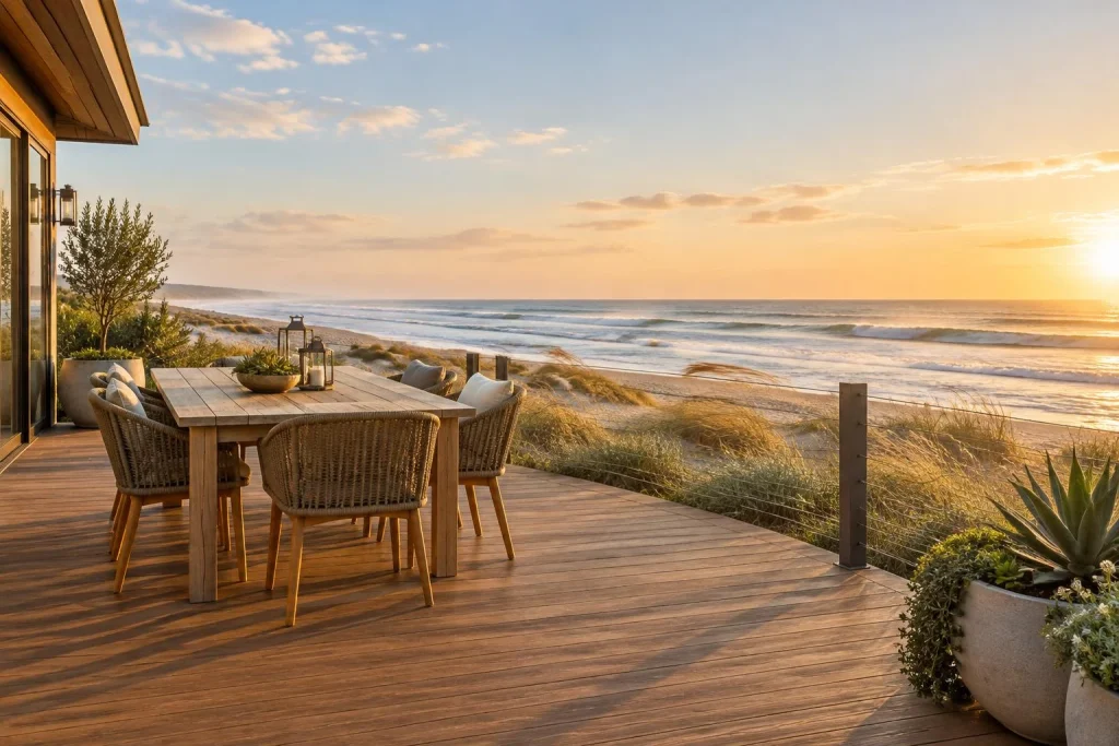 Terrasse de location saisonnière en bord de mer : les choix qui résistent aux embruns